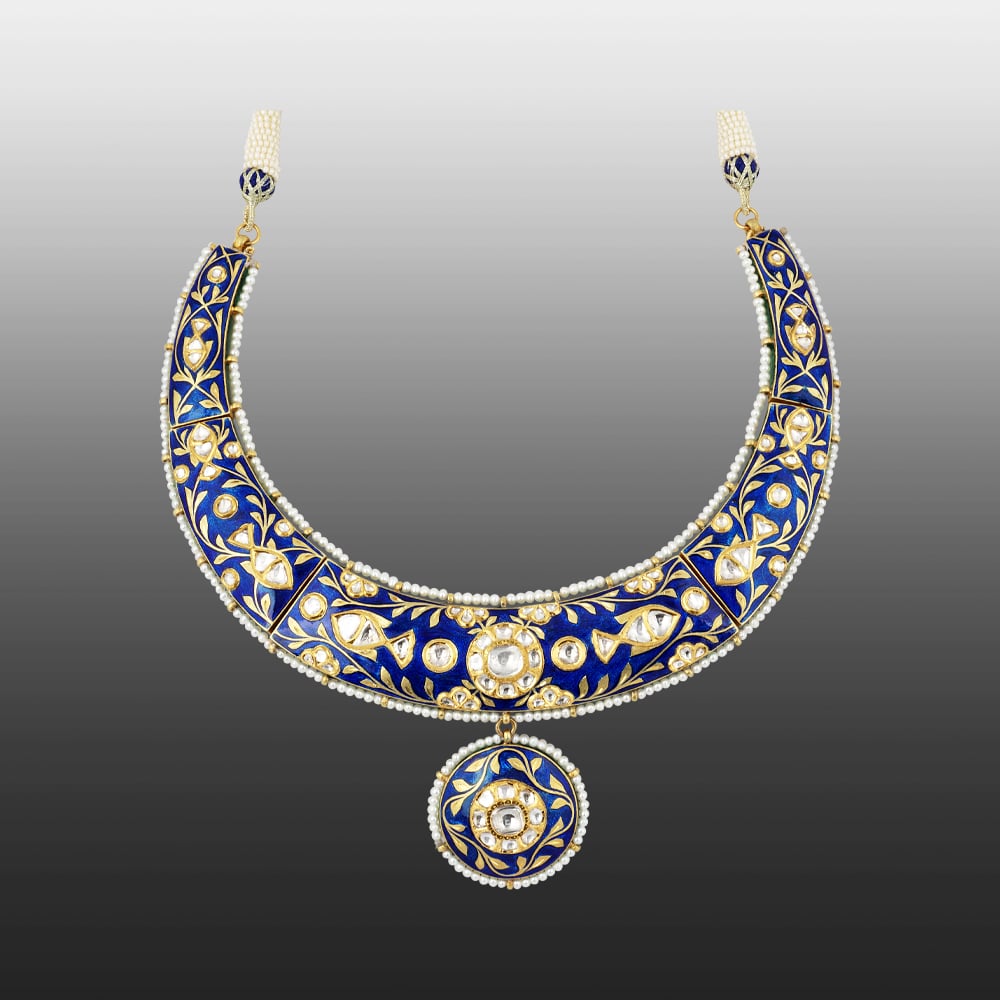 Indigo Enamel Hasli Necklace with Polki and Pearl Detailing